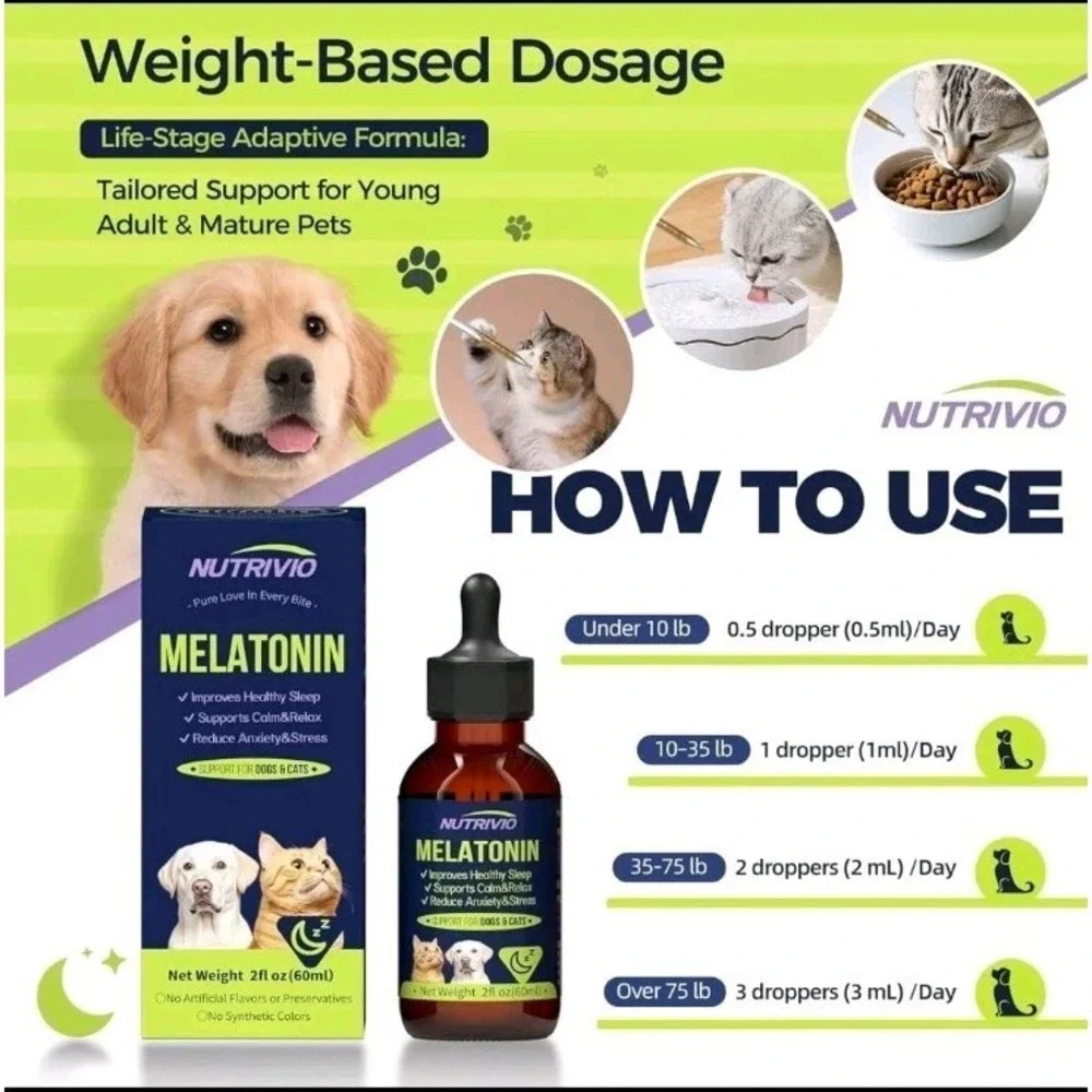 Liquid Melatonin for Dogs and Cats, Sleep Aid Anxiety Relief Calming Drops 60ml